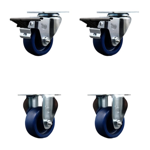 3'' Solid Poly Wheel Swivel Top Plate Caster Set with 2 Posi Brakes 2 Rigid, 4PK